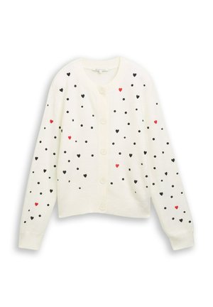 Witte gebreide cardigan met knoopsluiting, versierd met zwarte stippen en verspreide rode harten, met geribde cuffs en zoom.