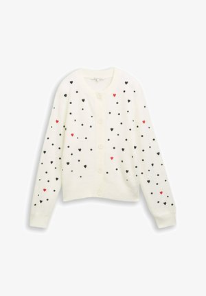 White knit cardigan featuring a button closure, adorned with black dots and scattered red hearts, with ribbed cuffs and hem.