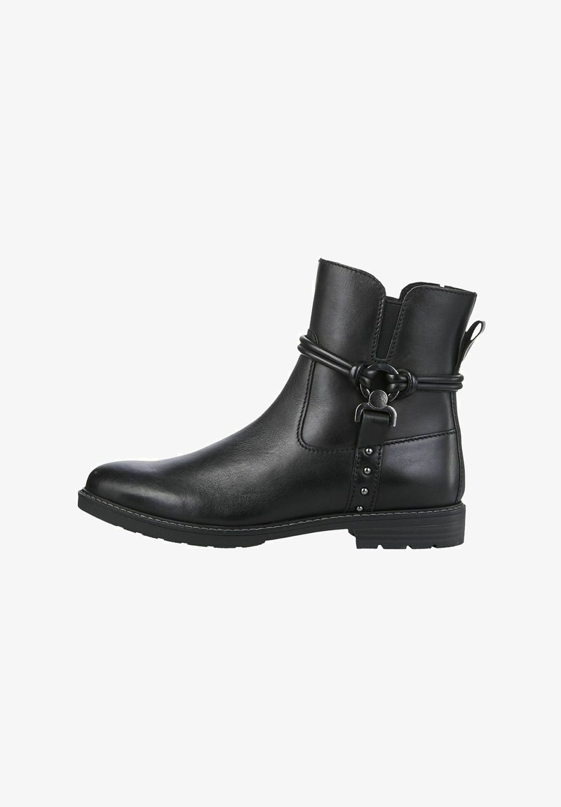 Schwarze Leder-Stiefelette mit runder Zehenform, dekorativem Riemen mit Verschluss und silbernen Akzentnieten an der Seite, ausgestattet mit einem niedrigen Blockabsatz.