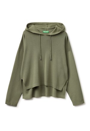 Hell olivegrüner gestrickter Hoodie mit langen Ärmeln und gestuften Saumdetails, mit Kordelzugkapuze und lockerer Passform.