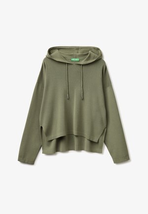 Lekko oliwkowa dzianinowa bluza z kapturem, długimi rękawami i warstwowym wykończeniem na dole, z kapturem ze sznurkiem i luźnym krojem.