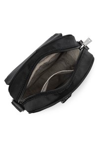 Borsa in tessuto nera con chiusura a zip, dotata di un'esterno texturizzato, fodera grigia e un compartimento interno per l'organizzazione.