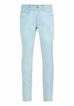 Lys blå denim jeans med tætsiddende pasform. Har fem lommer, bæltestropper og en frontknaplukning. Glat tekstur, minimal falming.