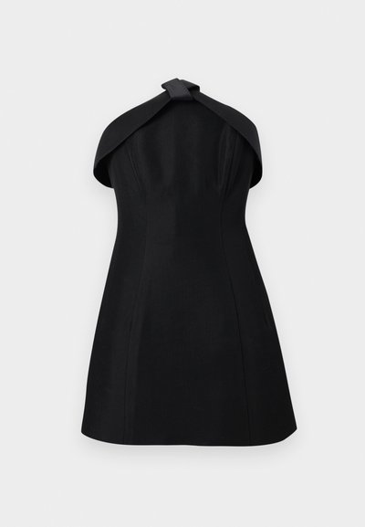 Black sleeveless mini dress with wide collar detail and fitted bodice on plain light background.