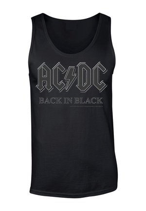 Sort bomulds tanktop med teksten "AC/DC" i fede, konturerede bogstaver med en lynstribe, og "BACK IN BLACK" nedenfor.