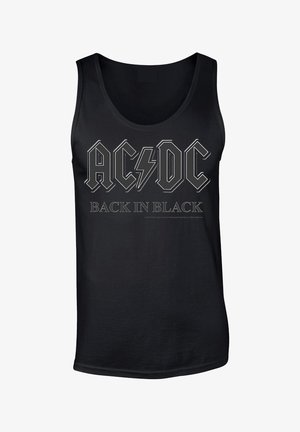 Zwart katoenen tanktop met de tekst "AC/DC" in vetgedrukte, omrandde letters met een bliksemschicht, en daaronder "BACK IN BLACK".