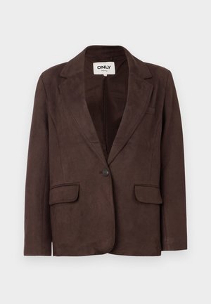Bruine faux suede blazer met een reverskraag, enkele knoopsluiting, twee voorkruiken en een gladde binnenvoering.