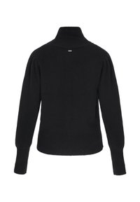 Maglione nero a maglia con colletto alto, maniche lunghe e spalle a palloncino; presenta un design pulito e minimale e una texture morbida.