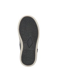 Zwarte rubberen zool met een getextureerd zigzagpatroon, beige rand en een diamanten detail nabij het midden. Maat nummer 24 zichtbaar.