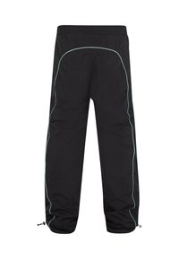 Pantalon de sport noir avec un passepoil bleu clair le long du dos et des côtés, taille élastique et cordons réglables aux poignets.