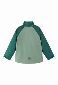 Veste pour enfants bicolore verte avec col montant, manches longues et poignets à velcro, vue de dos sur fond blanc.