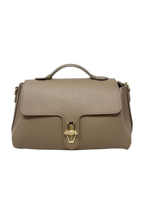 Bolso de mano de cuero taupe con asa superior y cierre de broche en tono dorado, forma estructurada y correas laterales ajustables.