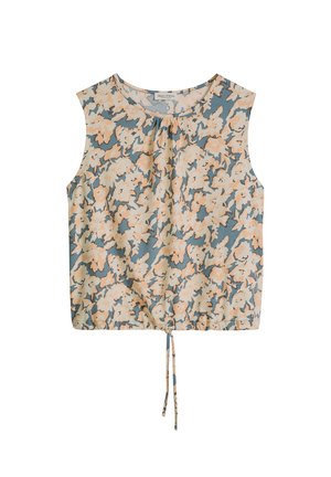 Ärmellose Bluse mit floralem Muster mit pfirsichfarbenen und beigen Blumen auf blauem Hintergrund, Rundhalsausschnitt und verstellbarer Bindung am Saum.