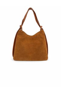 Sac en cuir suède marron avec une silhouette décontractée et deux poignées en cuir. Texture lisse avec un design dépouillé et un haut arrondi.