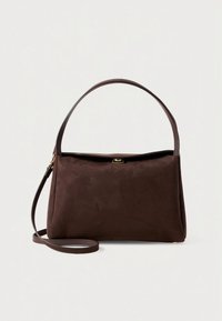 Brown suede handbag with a structured shape, a single brown shoulder strap, and a small gold hardware clasp on the top. Smooth texture.