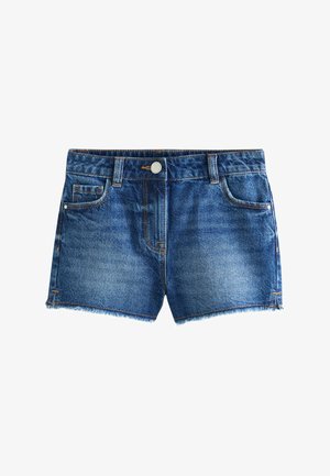 Mėlyni džinsiniai šortai su palaidais kraštais, priekyje su sagomis ir užtrauktuku, diržo kilpelėmis ir keliais kišenėmis.