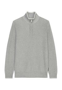 Gray knitted sweater with a high collar, featuring a quarter zip and ribbed cuffs and hem. Soft texture with contrasting white accents at the collar.
