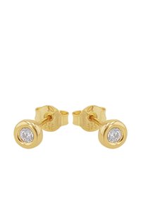 Guldörhängen med rund design och en liten, klar sten i mitten. Slät yta med en polerad finish.