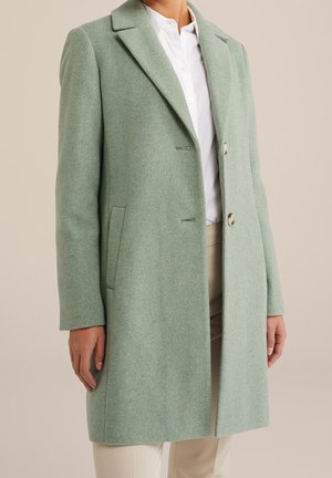 Light green wool coat with a structured design, notched lapels, and two buttons. Features side pockets and a smooth, textured finish.