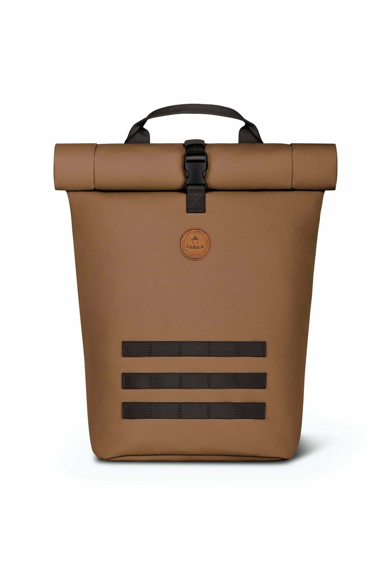 Brown roll-top backpack made of synthetic material; features a black buckle closure, textured finish, and three horizontal black straps.