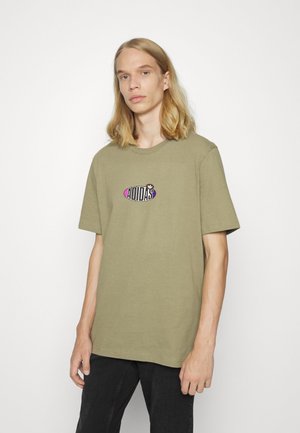 Olive green cotton t-shirt with short sleeves, round neckline, and a graphic logo in purple and black on the front.