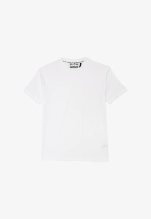 T-shirt bianca in cotone, con scollo rotondo, maniche corte e una piccola etichetta conlogo sul lato sinistro in basso.