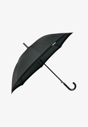 Black curved-handle umbrella with textured fabric canopy and "BOSS" logo near the edge, open and angled on a white background.