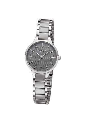 Montre-bracelet Silver Regent avec cadran texturé gris, index argentés fins, trois aiguilles et bracelet à maillons métalliques.