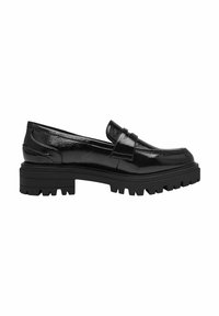 Mocassins en cuir verni noir avec une semelle épaisse texturée et un détail de bride avant relevée. Finition lisse, design élégant et construction robuste.