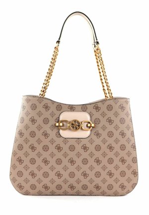 Beige designer håndtaske med brunt monogram mønster, guldkæde-stropper og en central guldspændeaccent på et lyst område.