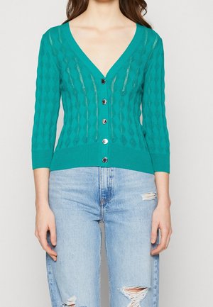 Žena v tyrkysovém pleteném svetru s knoflíky, výstřihem do V a 3/4 rukávy, a v světle modrých roztrhaných džínách, stojící před jednoduchým pozadím.