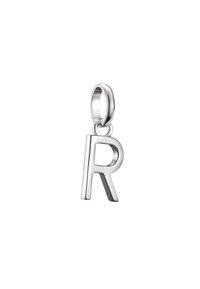 Ciondolo a forma di lettera "R" in argento con finitura lucida, dotato di un anello circolare per il fissaggio. Design semplice e audace con bordi lisci.