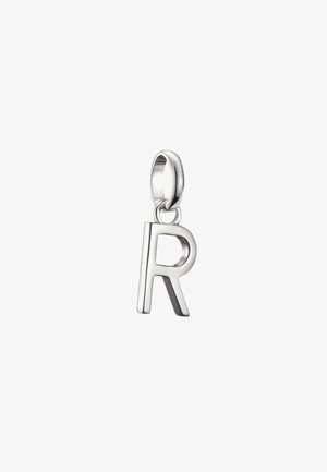 Charm en argent en forme de lettre "R" avec une finition polie, doté d'une boucle circulaire pour l'attache. Design simple et audacieux avec des bords lisses.