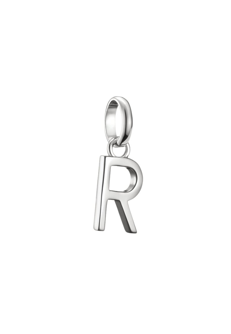 Ciondolo a forma di lettera "R" in argento con finitura lucida, dotato di un anello circolare per il fissaggio. Design semplice e audace con bordi lisci.