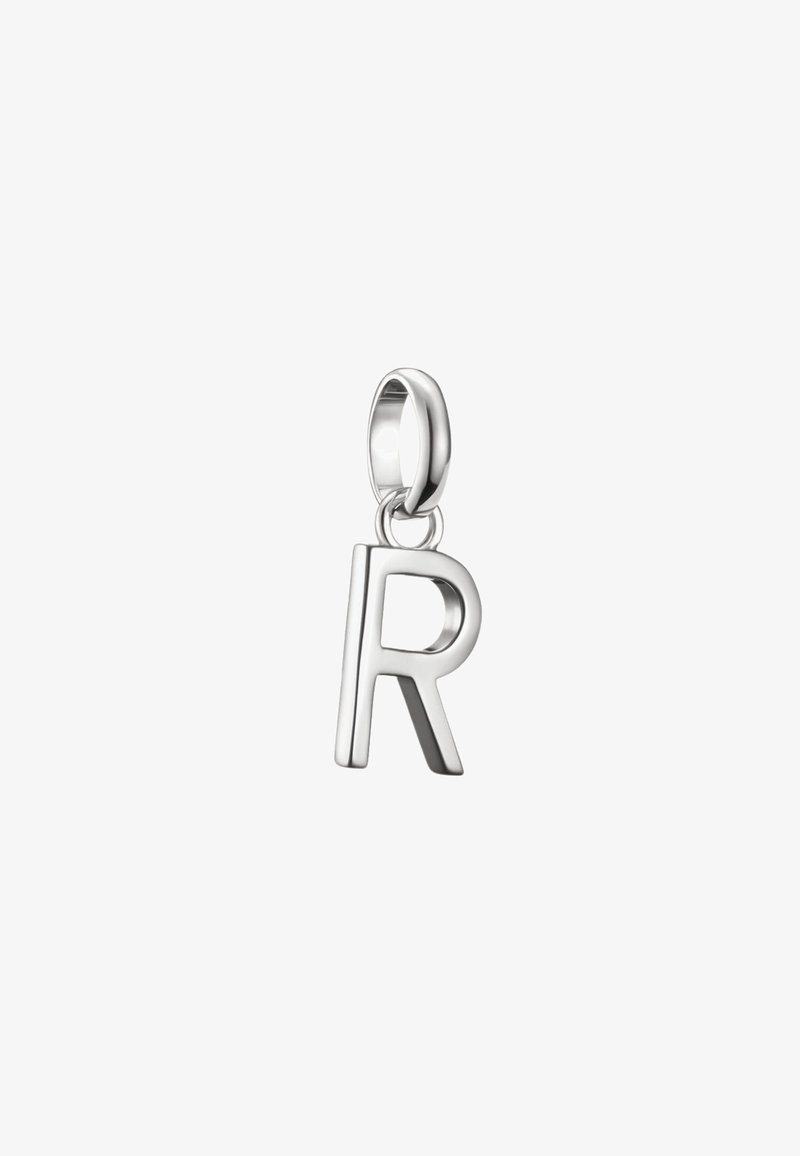 Ciondolo a forma di lettera "R" in argento con finitura lucida, dotato di un anello circolare per il fissaggio. Design semplice e audace con bordi lisci.