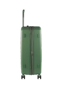 Maleta rígida verde con acabado texturizado, doble cremallera, asa retráctil y cuatro ruedas negras para facilitar la movilidad.
