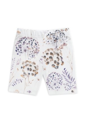 Białe szorty z elastycznym paskiem w talii, ozdobione fioletowymi, beżowymi i brązowymi wzorami kwiatowymi oraz nasionami mniszka lekarskiego.