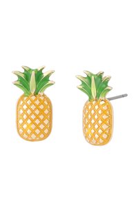 Pineapple-shaped stud earrings with a yellow enameled body and green leaf accents, featuring a textured crisscross pattern for detail.