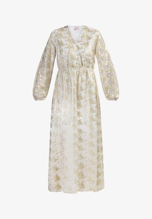 Duga bijela haljina s zlatnim cvjetnim uzorkom, s V izrezom, dugim napučenim rukavima i elastičnim strukom za opušteno pristajanje.