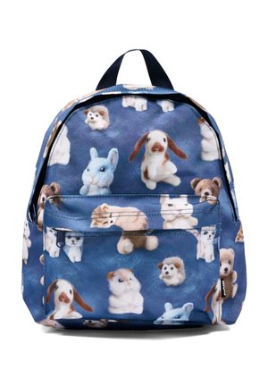 Sac à dos bleu avec un motif de petites illustrations réalistes d’animaux, dont des chiens, des chats, des lapins et des hamsters.