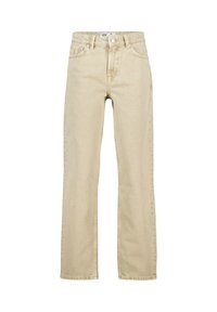 Beige farkut, joissa on korkeavyötäröinen suora lahje, etutaskut, vyölenkit ja nappikiinnitys.