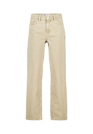 Beige high-waist straight-leg jeans with front pockets, belt loops, and a button closure.