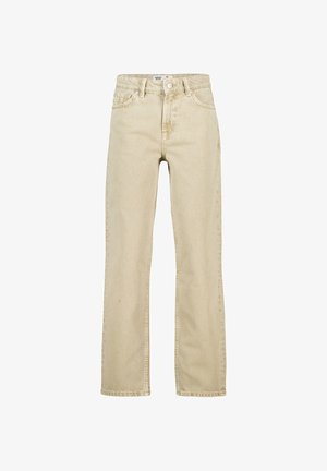 Beige farkut, joissa on korkeavyötäröinen suora lahje, etutaskut, vyölenkit ja nappikiinnitys.