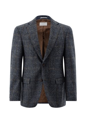 Houndstooth blazer in dark blue and brown hues, made of textured wool, featuring notched lapels, two buttons, and two side pockets.