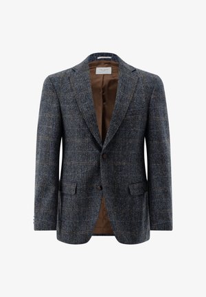 Hahnentritt-Blazer in Dunkelblau- und Brauntönen, aus strukturiertem Wollmaterial gefertigt, mit Reverskragen, zwei Knöpfen und zwei Seitentaschen.