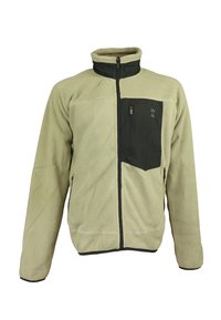 Veste en polaire vert clair avec un col haut, une poche poitrine zippée noire et des accents noirs contrastants sur la fermeture éclair et les poignets.