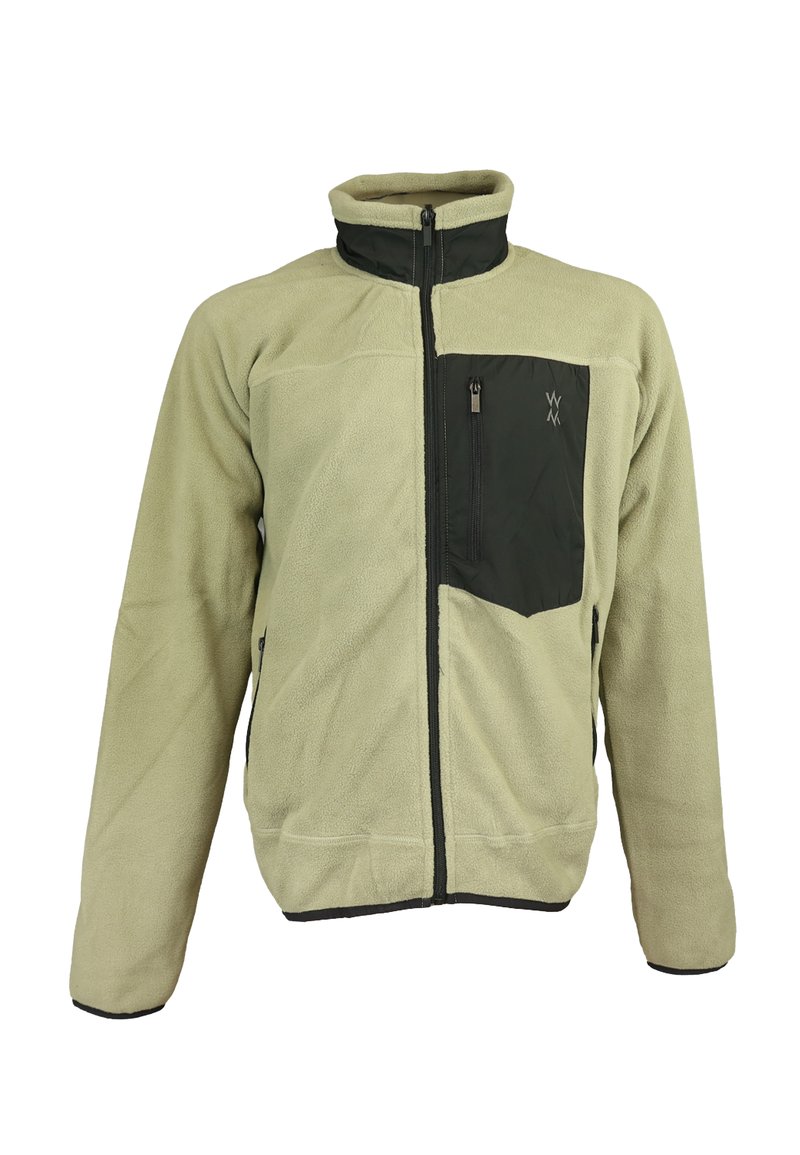 Veste en polaire vert clair avec un col haut, une poche poitrine zippée noire et des accents noirs contrastants sur la fermeture éclair et les poignets.