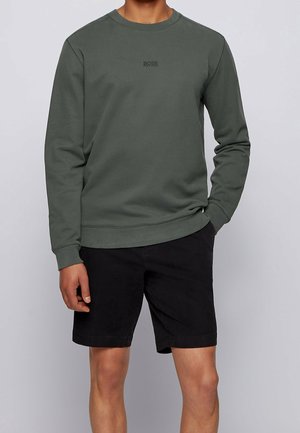 Felpa verde con scollatura a girocollo e maniche lunghe, con un piccolo logo sul petto, abbinata a pantaloni corti neri.