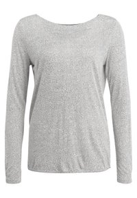 Long-sleeved top in light gray with a subtle textured pattern, featuring a wide neckline and fitted hem for a casual fit.