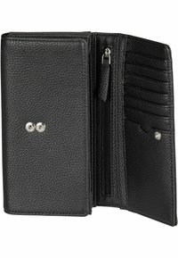 Črna usnjena denarnica z teksturiranim zaključkom, ki ima več slotov za kartice, žep z zadrgo in dva srebrna gumbka.